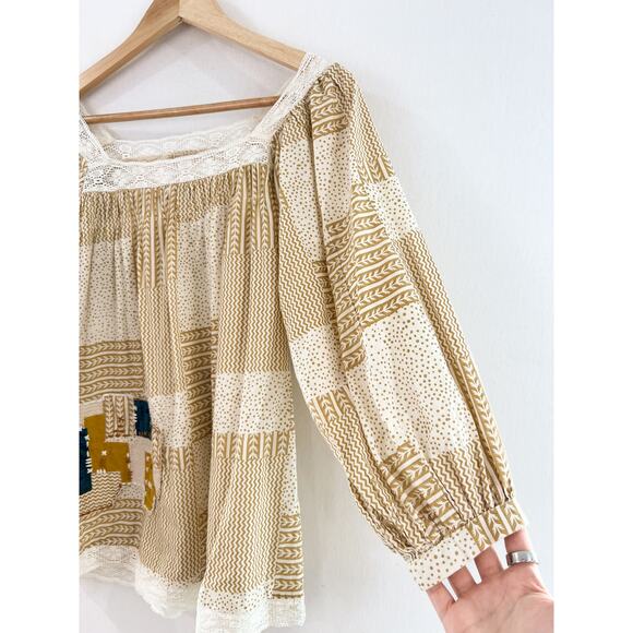 Oh My Stars Trudy Patchwork Blouse XS Mustard Yellow Square Neck Puff Sleeve - Picture 6 of 10